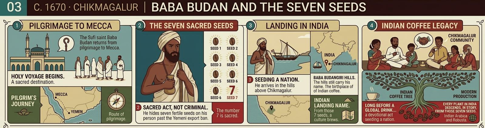 Baba Budan carries seven seeds from Mecca past the Yemeni export ban to the hills above Chikmagalur